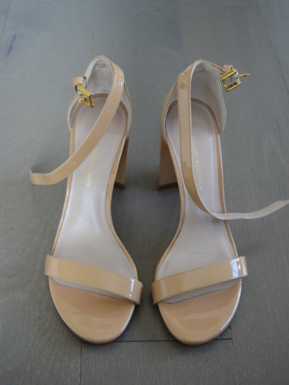 Stuart Weitzman Nudist Nude Patent Ankle Strap Heels — Size 5.5